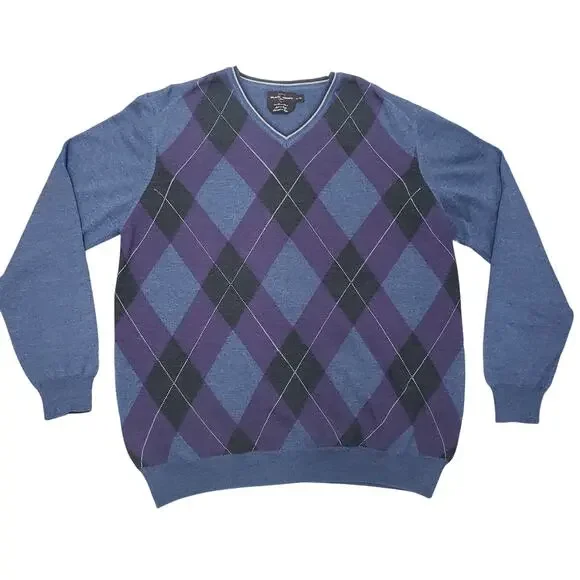 Black Brown 1826 Made in Italy 100% Merino Wool Argyle V-Neck Sweater Men XL - Picture 3 of 12